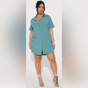 Teal Button-Up Shirt Dress